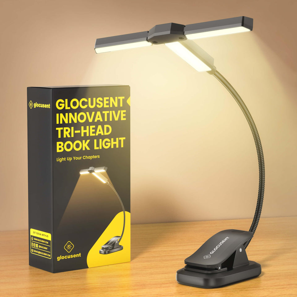 Glocusent Tri-Head Light clip-on design for convenient bedside reading.