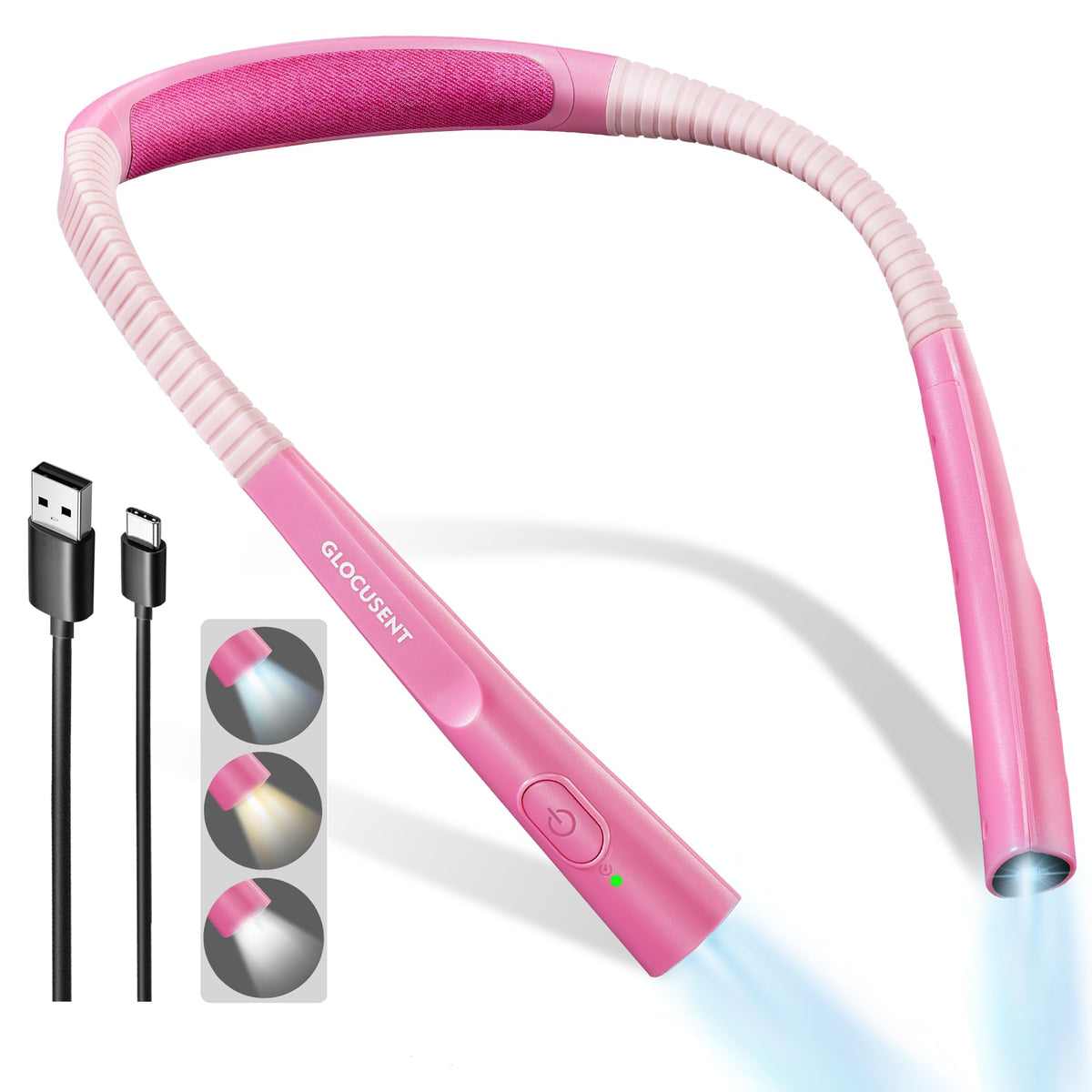 Glocusent neck reading light shows ergonomic neck design for comfortable reading.