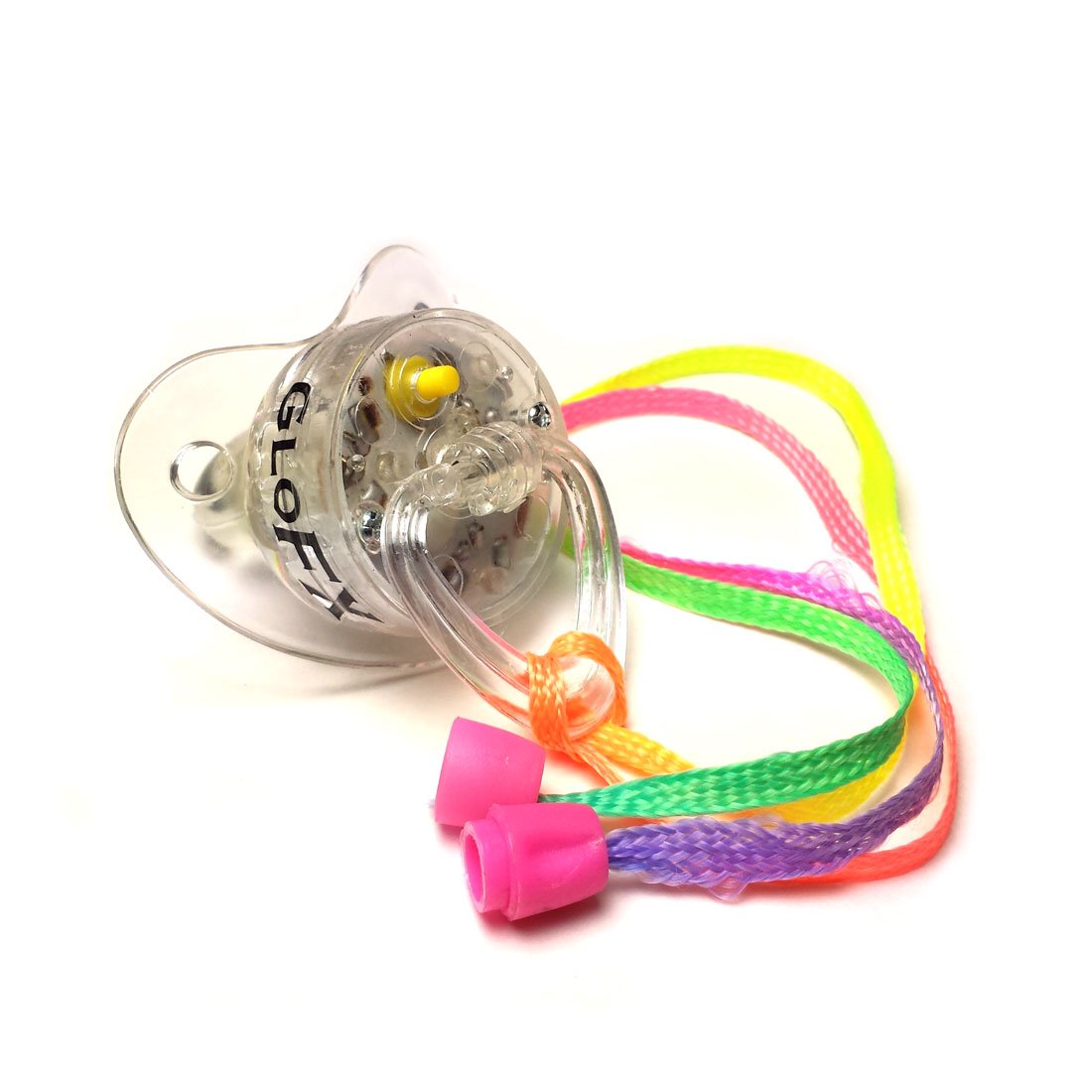 GloFX LED rave pacifier with multi-color RGB lights lighting up the dance floor at festivals