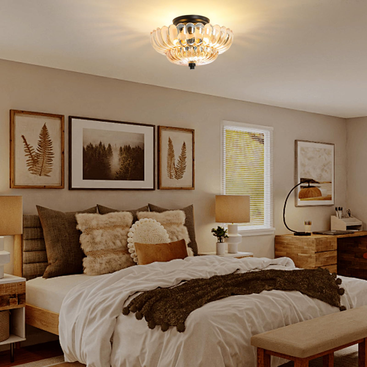 GloMuse brushed brass base with glass shade adds mid-century charm
