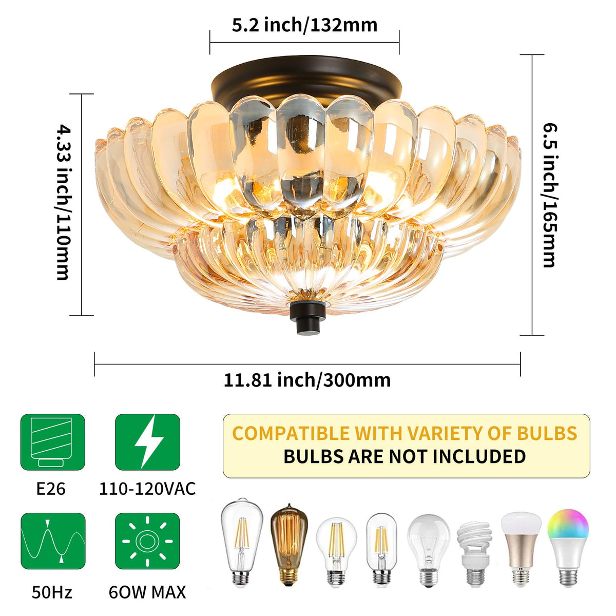 GloMuse dimmable friendly semi-flush mount with compatible bulbs