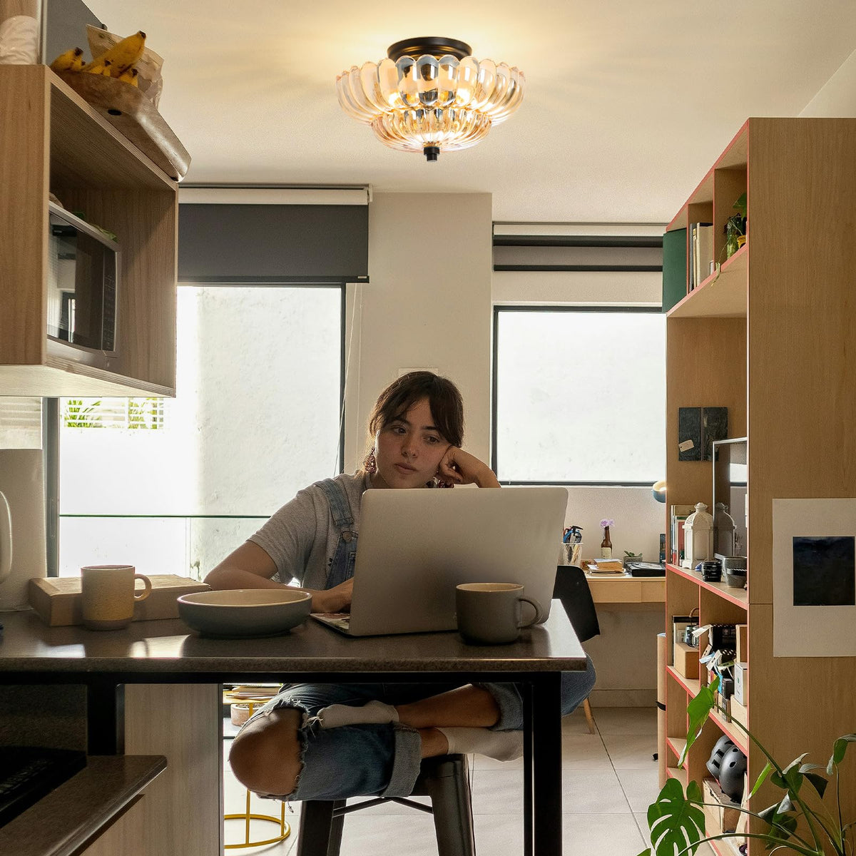 GloMuse glass shade near ceiling creates compact, stylish lighting