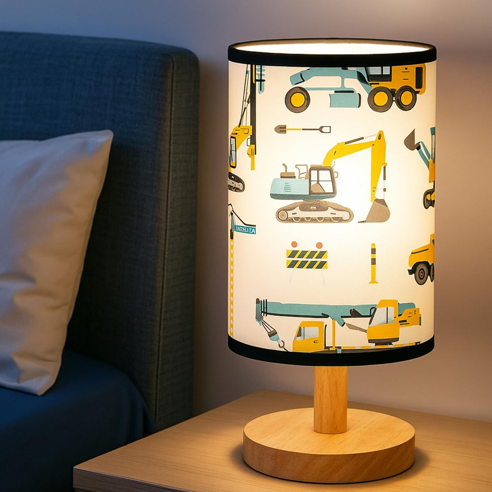 Glooglitter construction truck lamp closeup with linen shade delivering soft ambient glow.