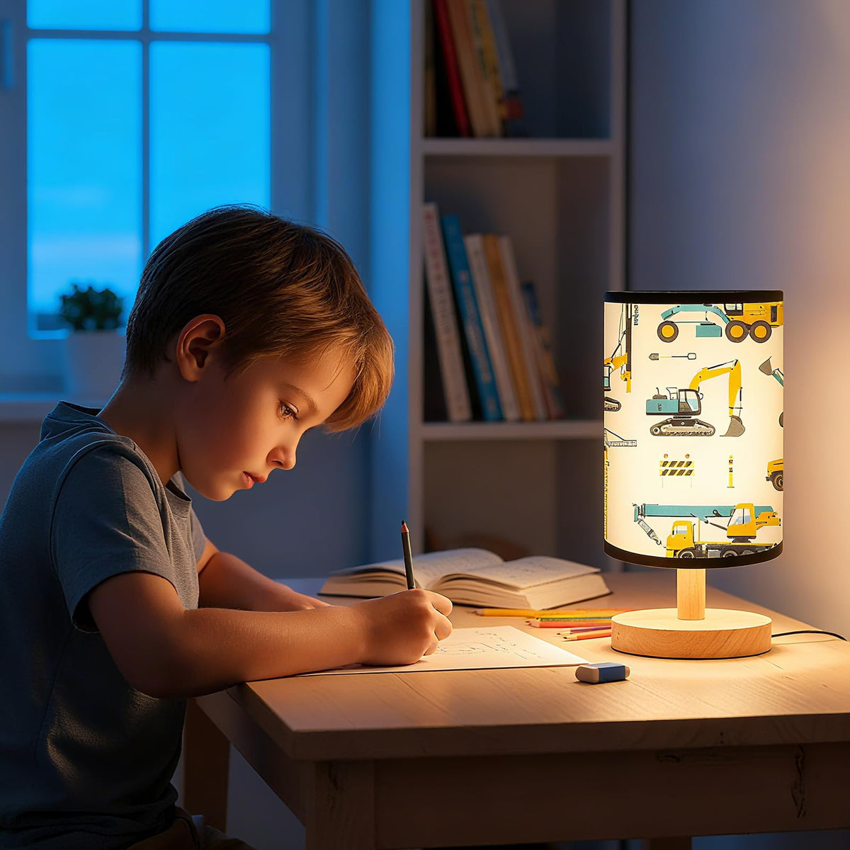 Glooglitter yellow shade lamp highlighting bright, friendly bedside lighting for kids.