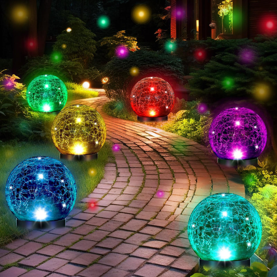 Glooglitter solar globes showcase crackle glass balls in gradient colors for enchanting outdoor lighting.