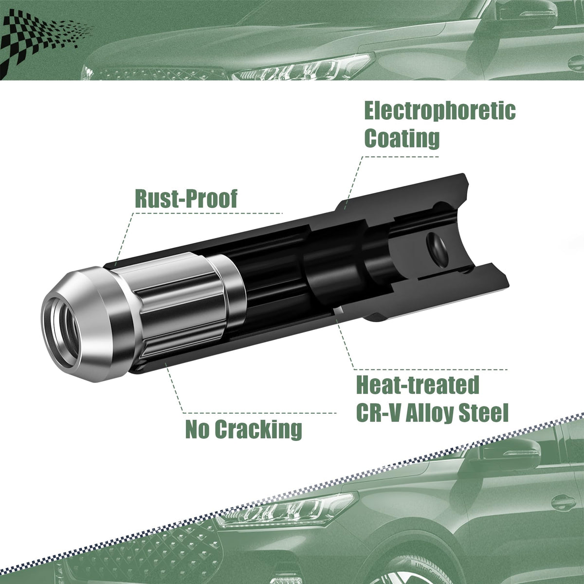 Glorider 6-point socket supports M12x1.25, 1/2-20, M10x1.25, and 3/8-20 studs.