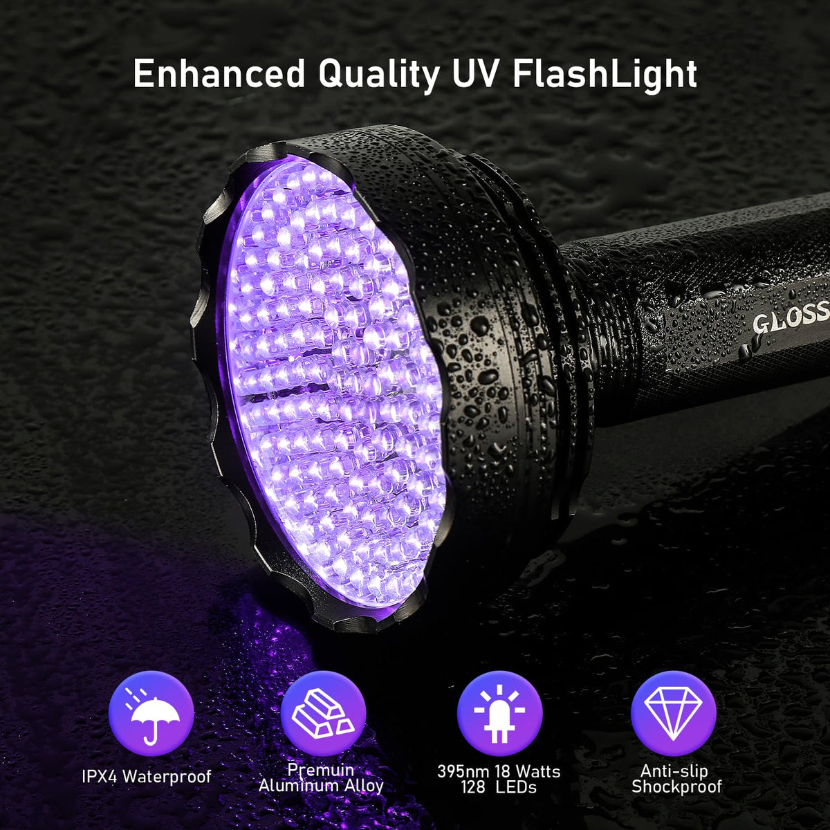 Glossday UV flashlight showcasing durable aluminum body and rugged design.