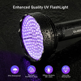 Glossday UV flashlight showcasing durable aluminum body and rugged design.