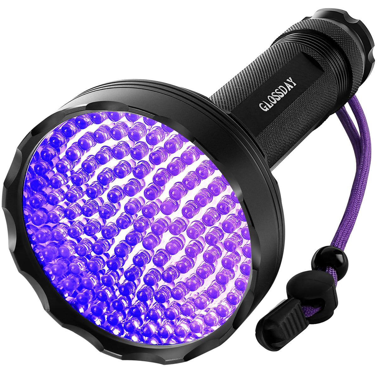 Glossday blacklight flashlight with 128 UV LEDs for broad-area illumination.