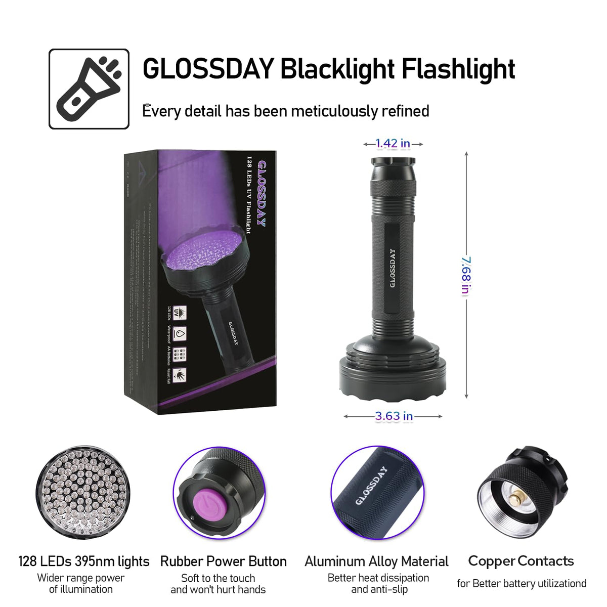 Glossday UV flashlight with ergonomic, non-slip grip for secure handling.