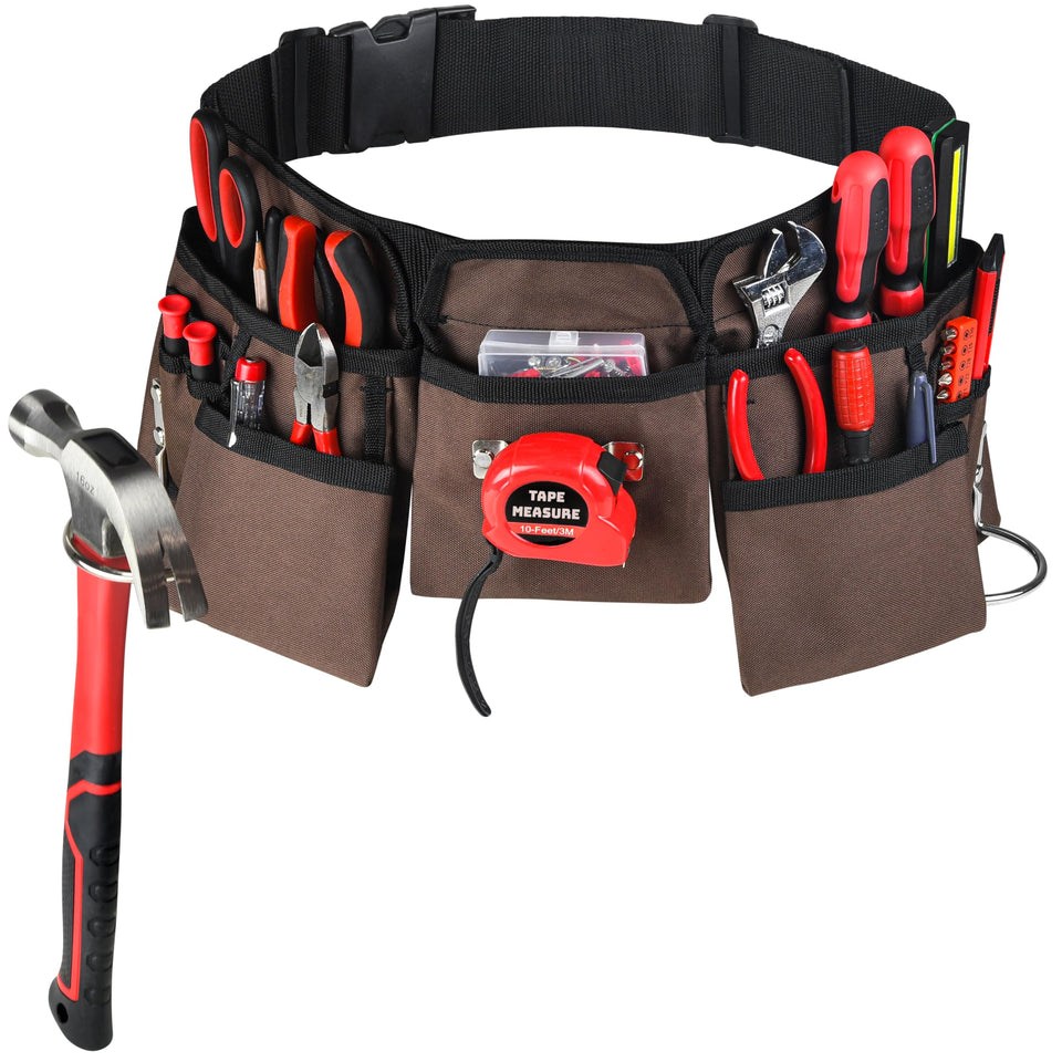 GlossyEnd 19-pocket tool belt in brown and black for organized carpentry daily use.