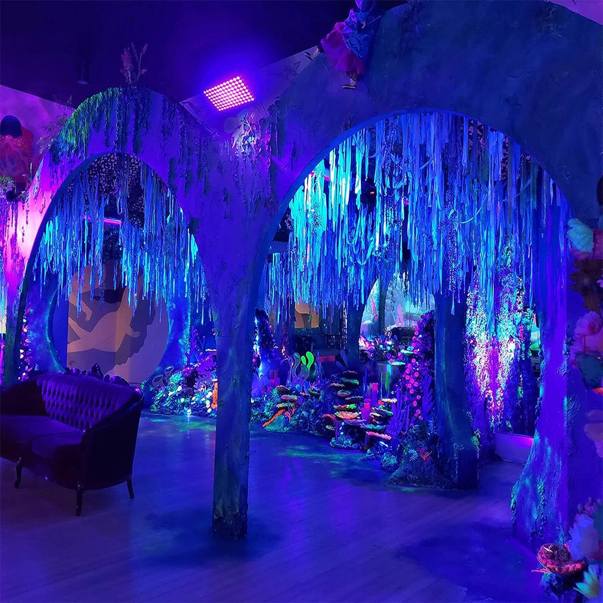 Glostars UV light beam coverage across a party space