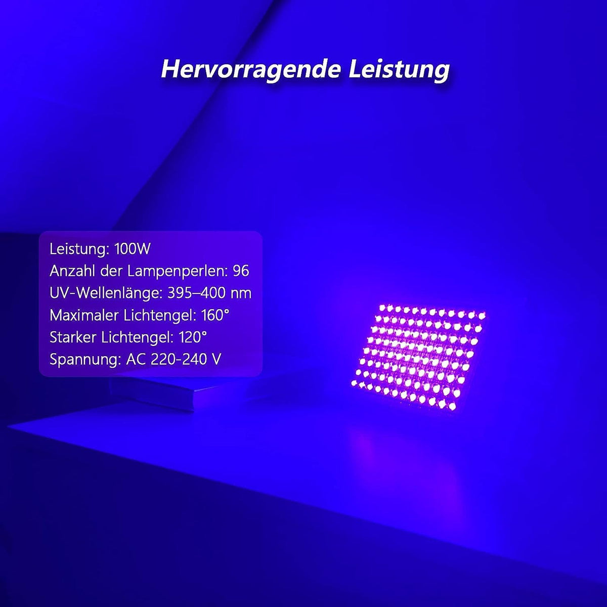 Glostars 100W UV light in use at a party with vibrant fluorescence