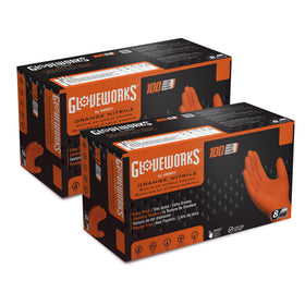 GLOVEWORKS orange nitrile gloves pack for rugged, heavy-duty tasks.