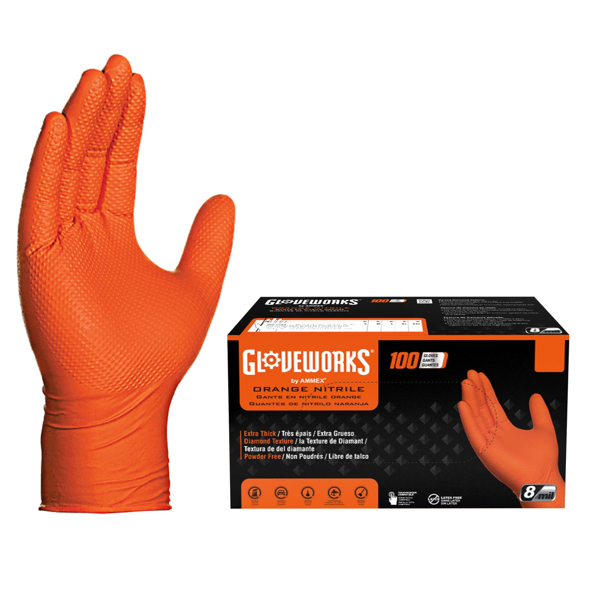 GLOVEWORKS 8 mil orange nitrile gloves with high puncture resistance for tough jobs.