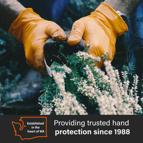 Chemical-resistant nitrile gloves protect against cleaners and solvents.