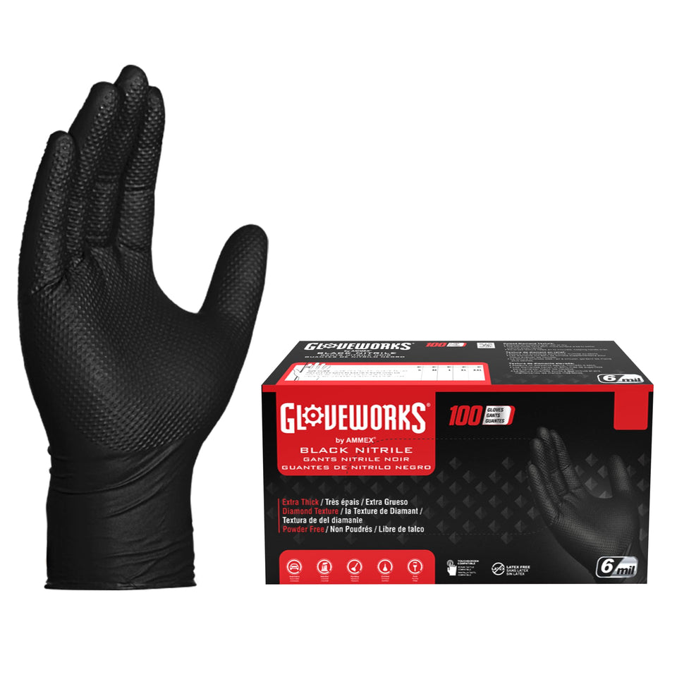 GLOVEWORKS HD black nitrile gloves with 6 mil thickness for heavy-duty tasks.