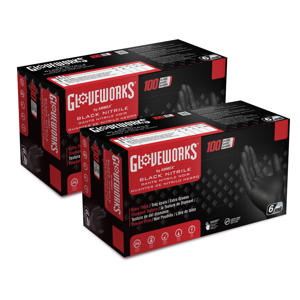 GLOVEWORKS HD black nitrile gloves two-box pack for heavy-duty tasks
