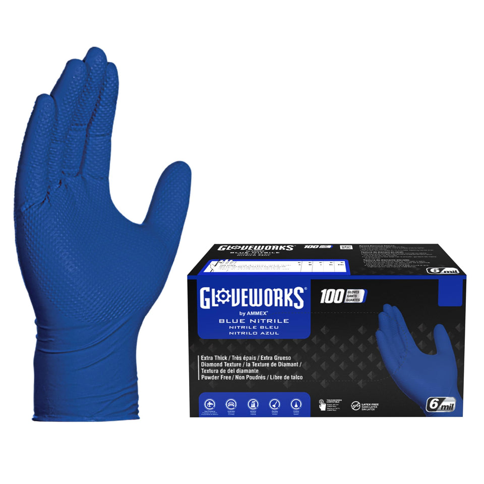 GLOVEWORKS HD Royal Blue nitrile glove box front view for quick access and stock control