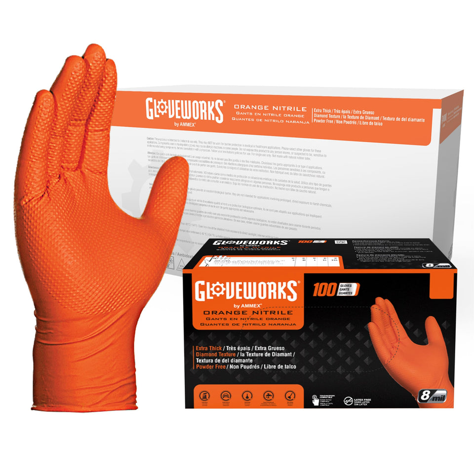 GLOVEWORKS orange nitrile glove, palm view, high-visibility for quick tool identification and grip.
