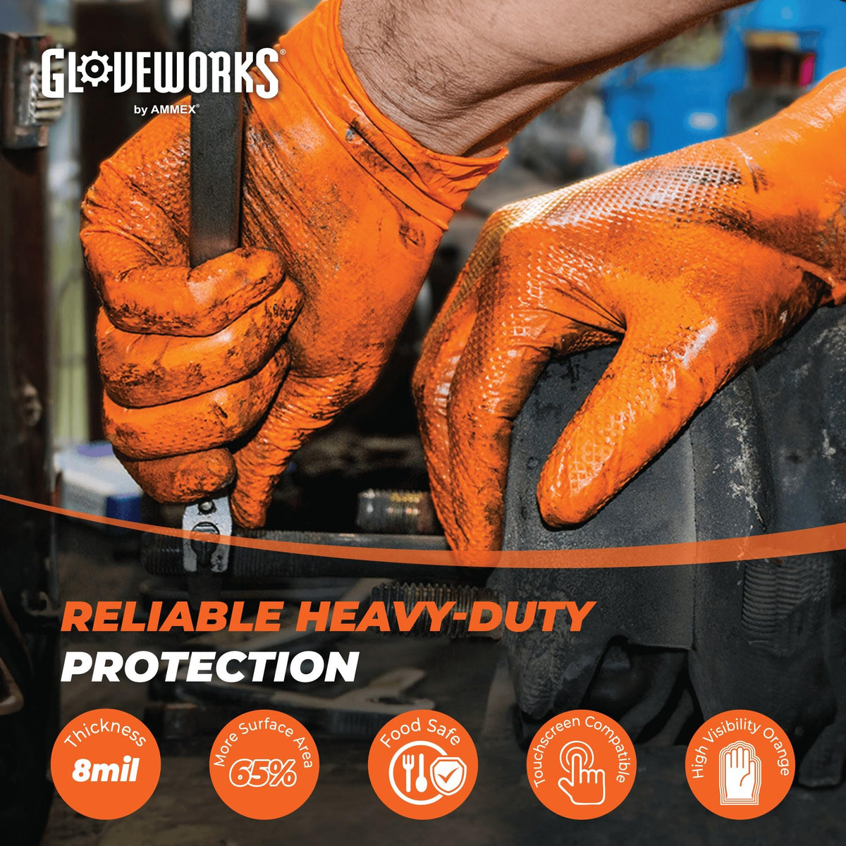 GLOVEWORKS raised diamond grip improves control in wet or oily conditions.