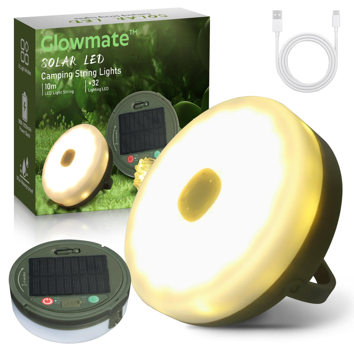 Glowmate 4 in 1 camp light demonstrates tent string lights for cozy outdoor evenings.