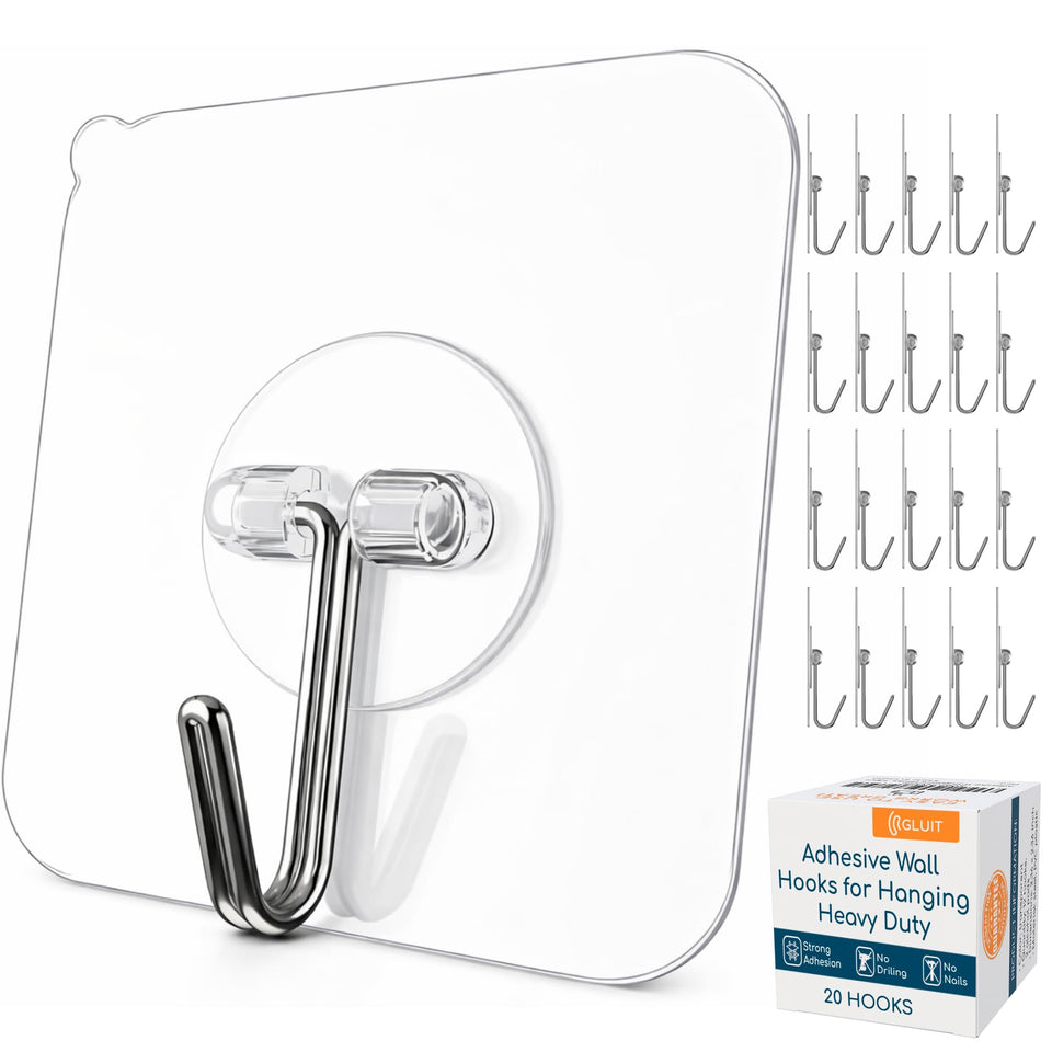 GLUIT adhesive wall hook on tile surface demonstrates strong 22 lb hold.