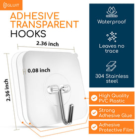 GLUIT adhesive wall hook clear finish keeps bathroom towels organized.