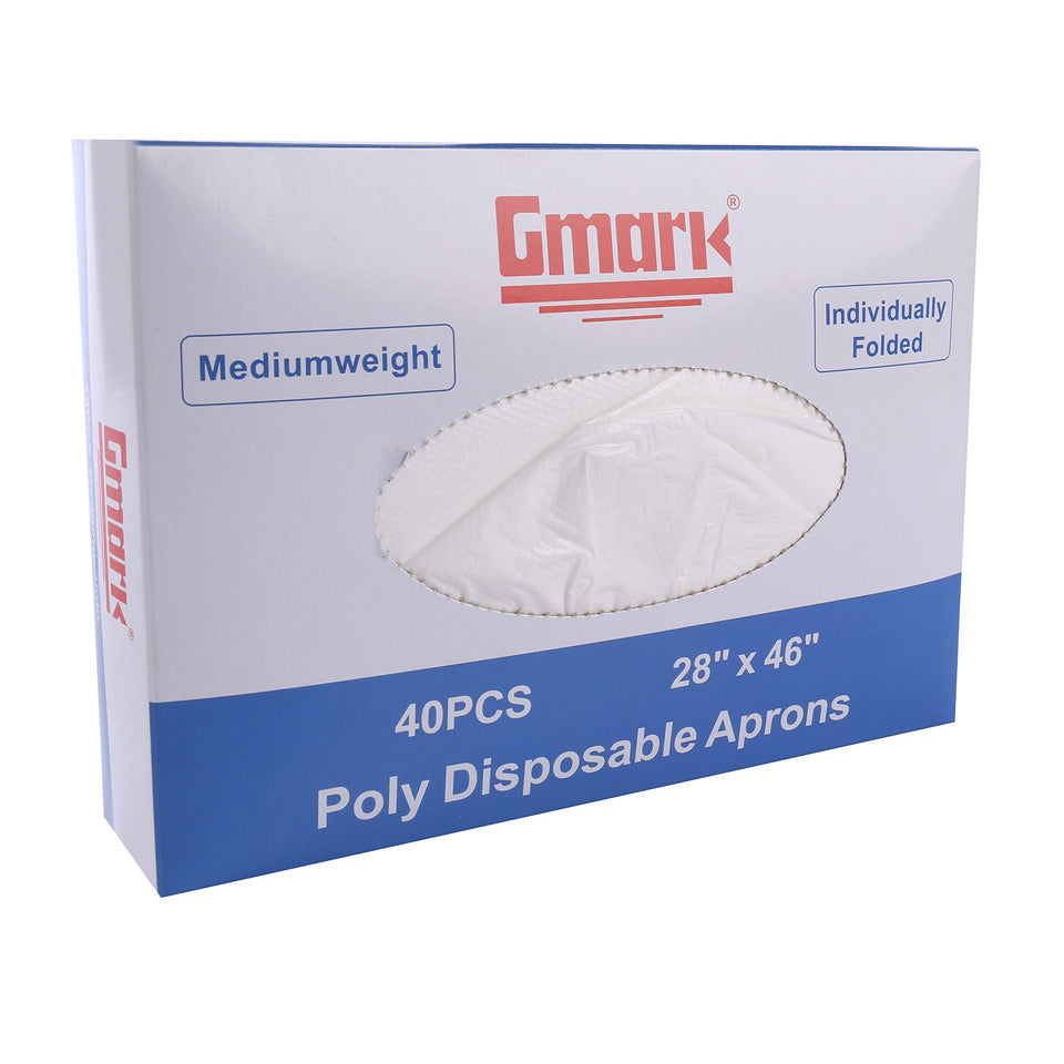 Gmark Poly Apron, individually wrapped box for sanitary dispensing.