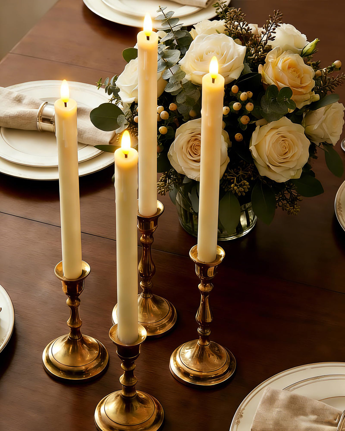 Gmnee 9.6-inch taper candles side view, realistic flicker and wax detail.