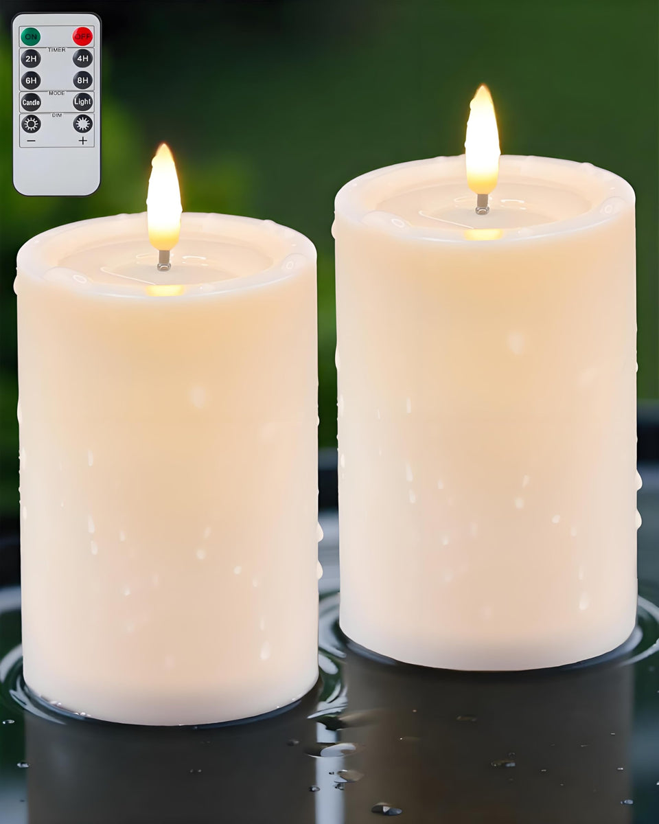 Gmnee outdoor flameless candle 3x6 ivory, weatherproof for year-round patio ambiance.