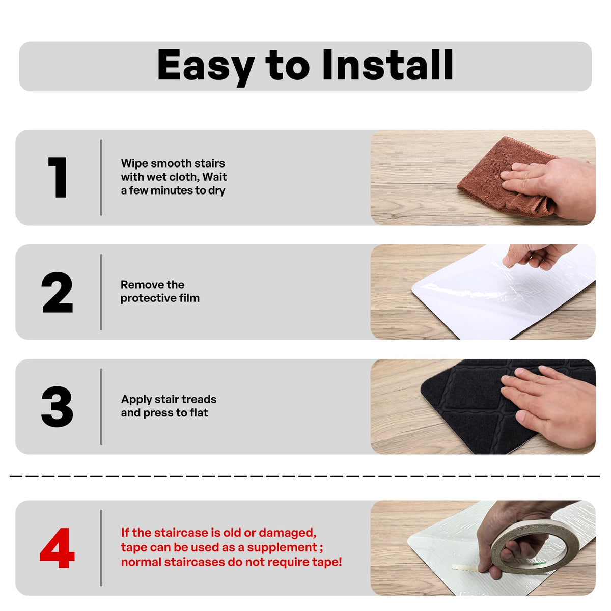 Gmonby stair treads installation on stairs demonstrates easy placement.