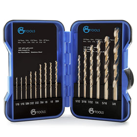 GMTOOLS 15Pcs cobalt drill bit set with 135-degree tip for precise drilling in metal and wood.