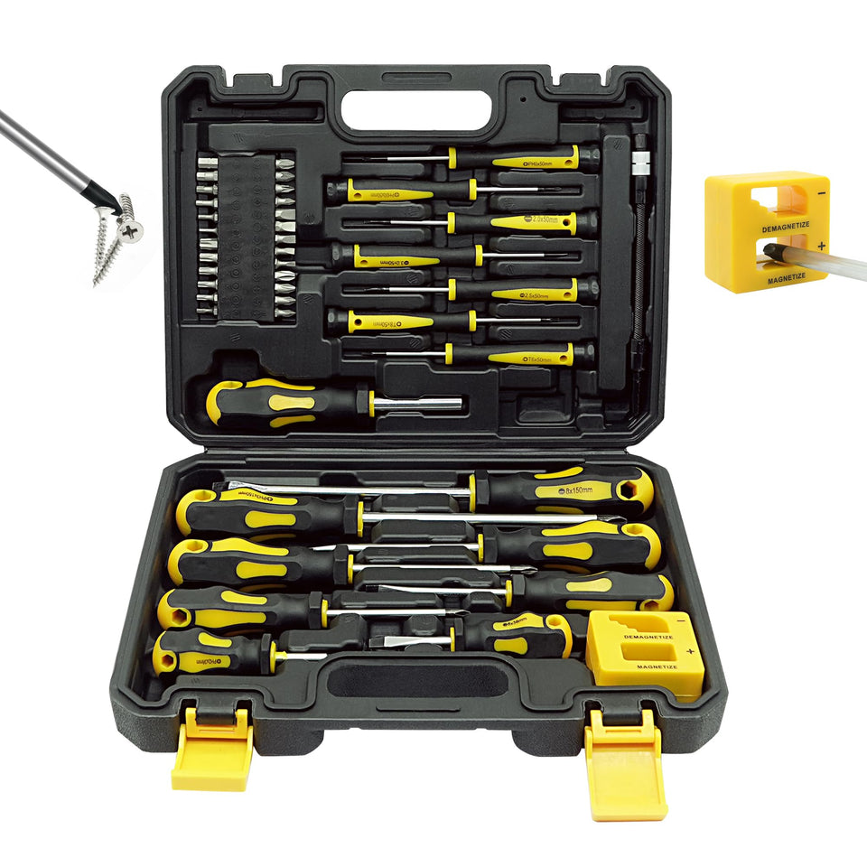 GMTOOLS 43-piece magnetic screwdriver set in box, organized for easy DIY repairs.