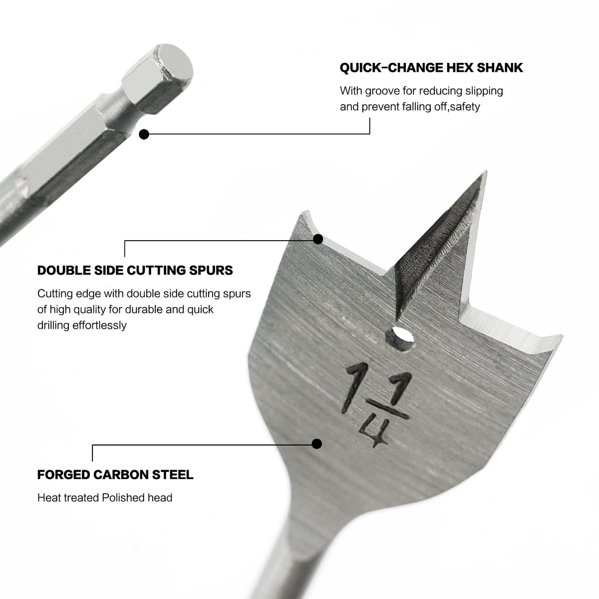 GMTOOLS spade bit head close-up shows sharp double-side cutting spurs for faster drilling.