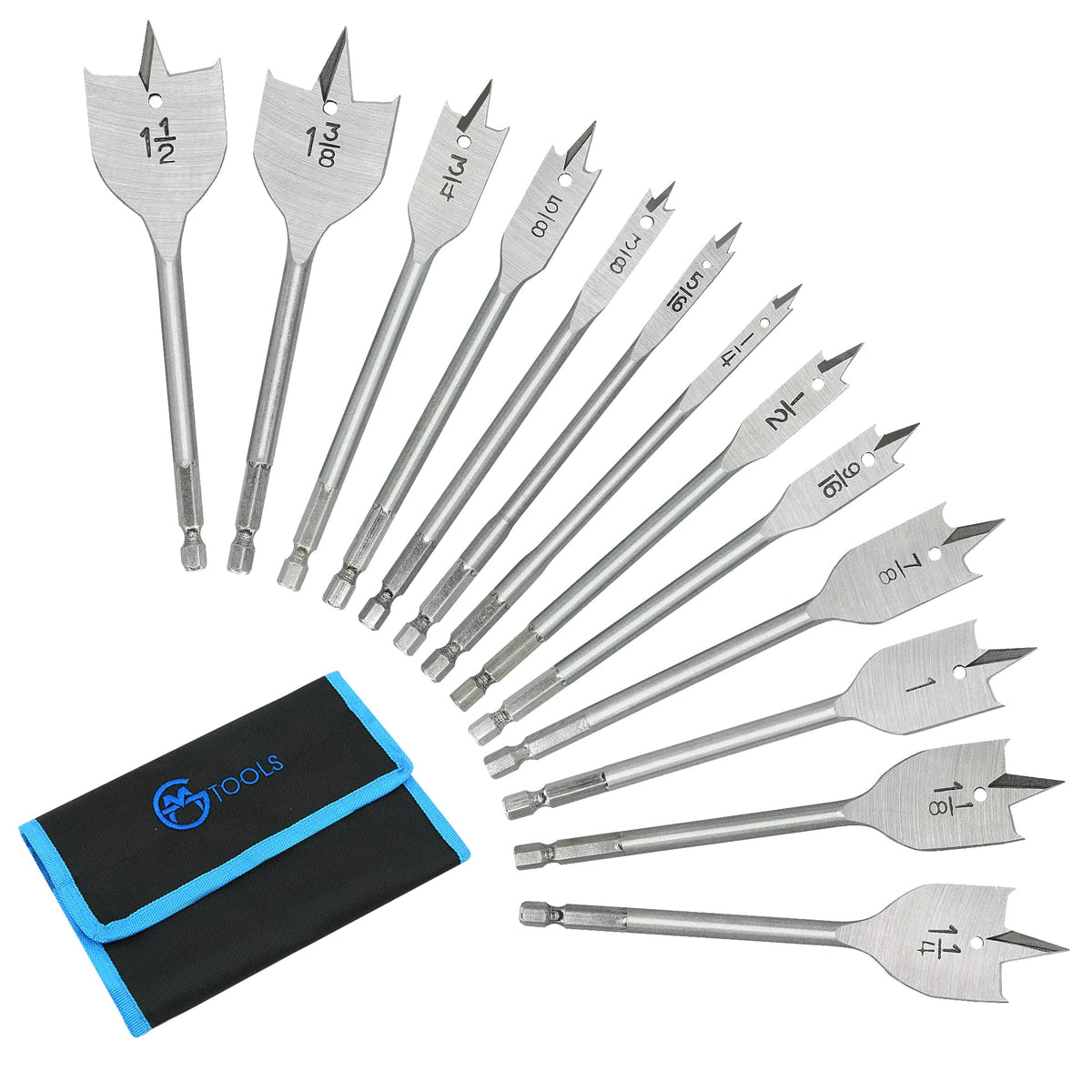 GMTOOLS 13-piece spade drill bit set laid out for woodworking projects and easy organization.