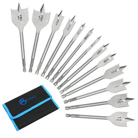 GMTOOLS 13-piece spade drill bit set laid out for woodworking projects and easy organization.