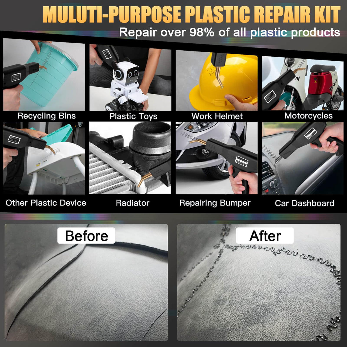 In-use bumper repair on vehicle demonstrates practical plastic welding.