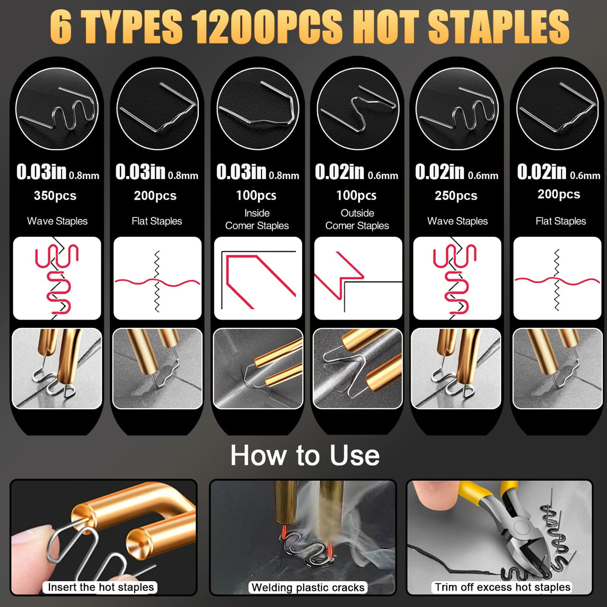 Six staple types shown for versatile crack repair options.