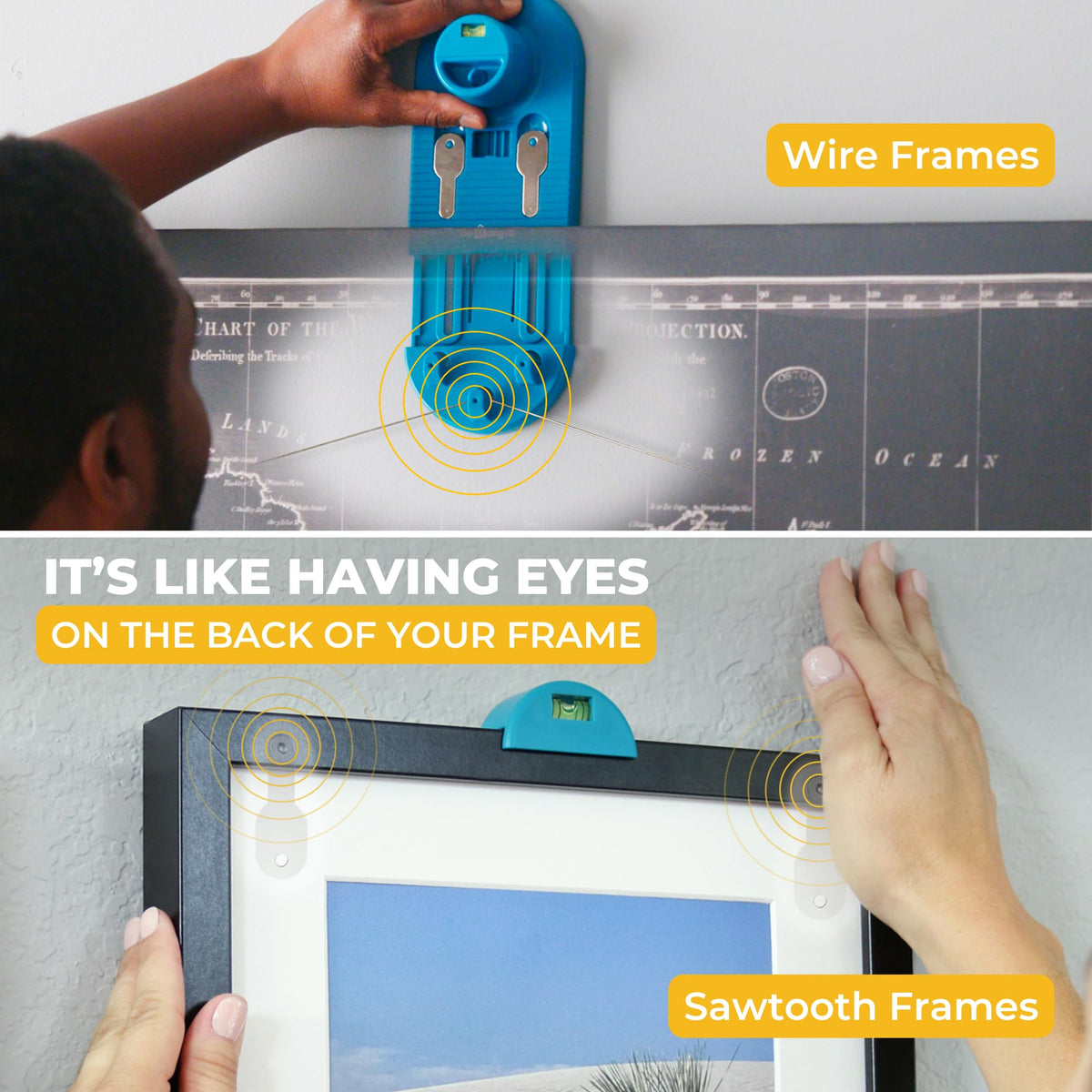 Go Hang It! Pro D-hooks assist in positioning wire-hanger pictures