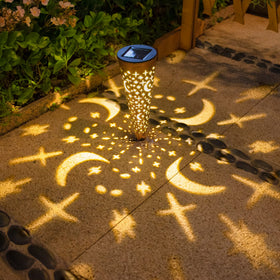 Go2garden solar garden lights power up in direct sun and cast warm patterns.