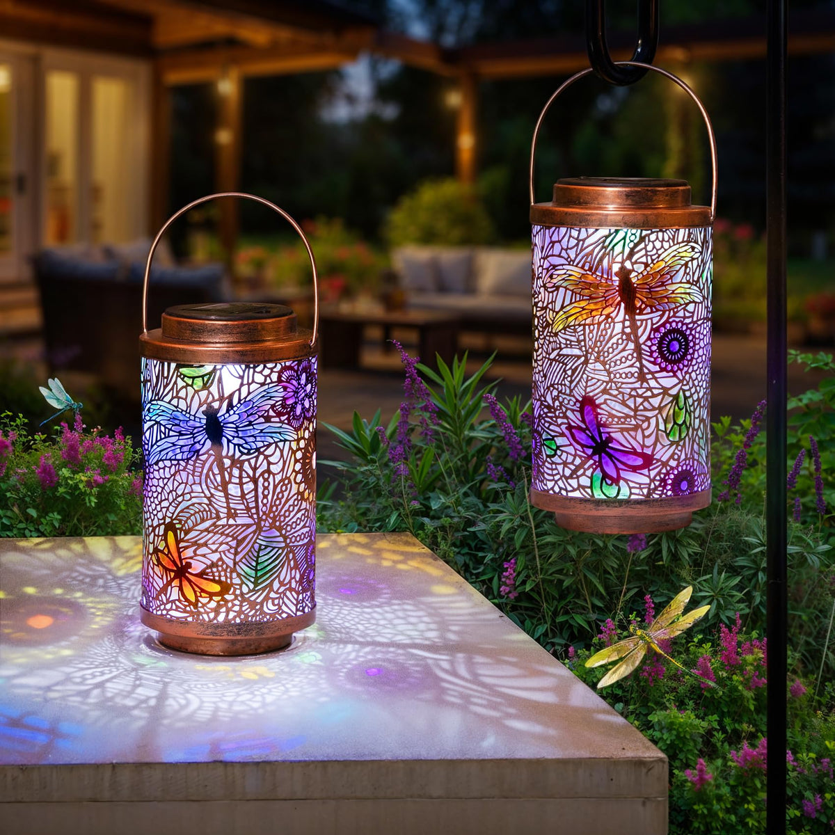 Go2garden dragonfly lantern outdoor glow adds colorful ambiance to your patio.