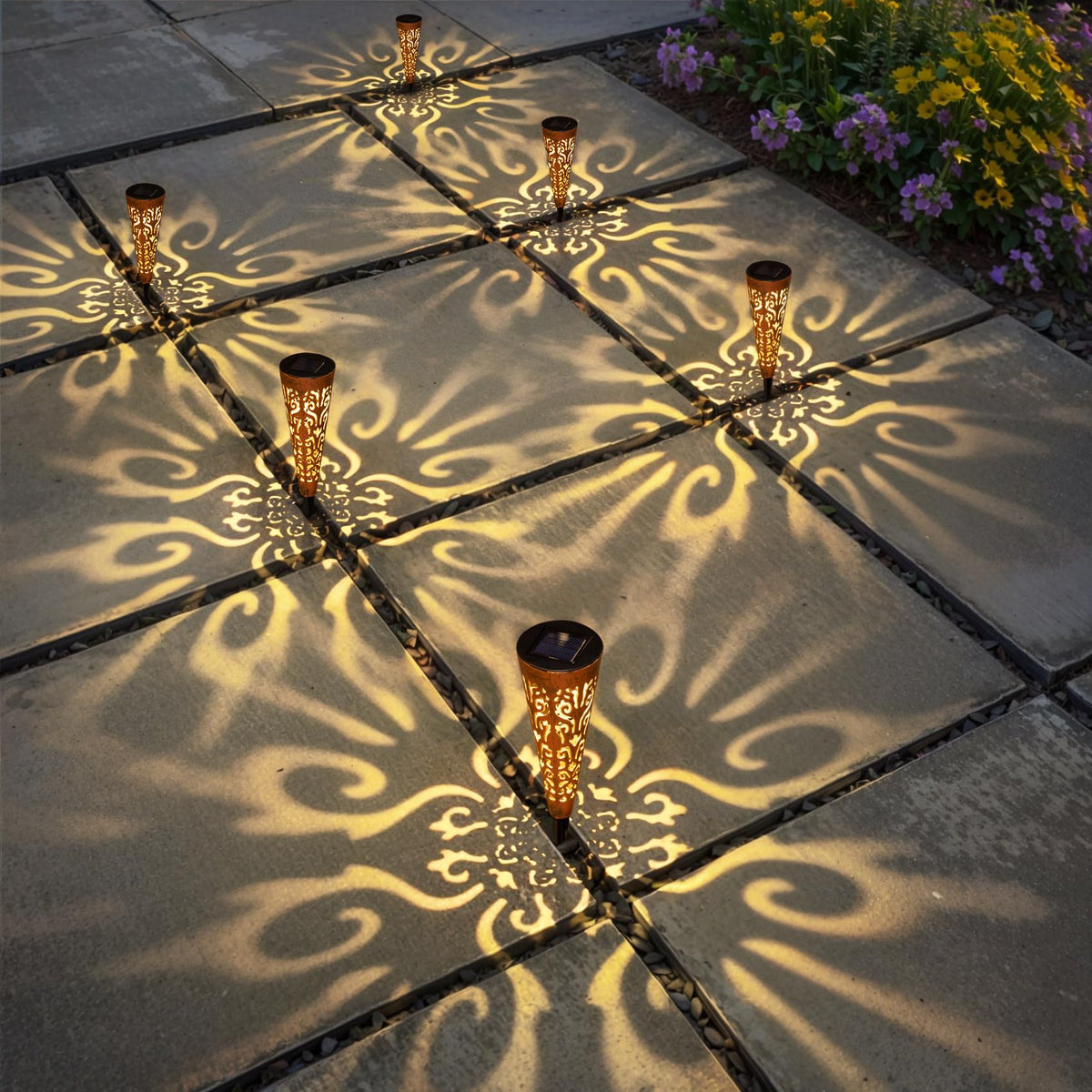 Go2garden fire-totem pattern yard stake brightens walkways at night.