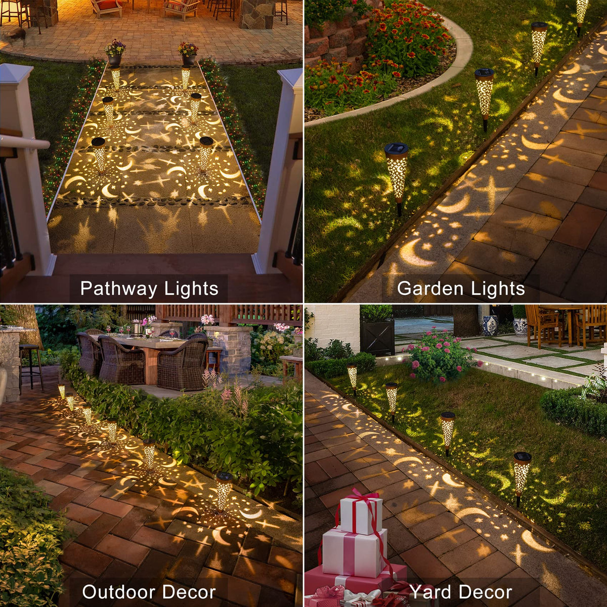 Go2garden Moon Star stake lights illuminate pathways with charming night-time pattern.
