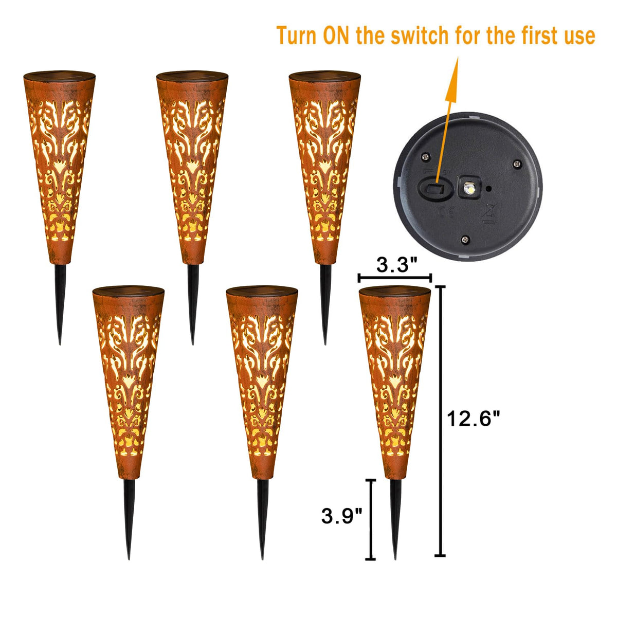 Go2garden rechargeable solar stake turns on automatically at dusk.