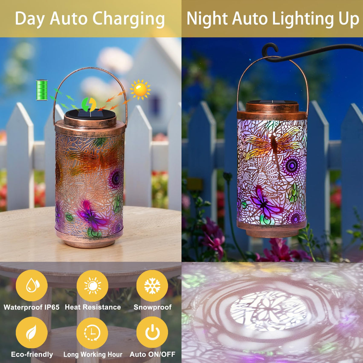 Go2garden solar panel dragonfly lantern powers night illumination on the deck.