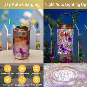Go2garden solar panel dragonfly lantern powers night illumination on the deck.