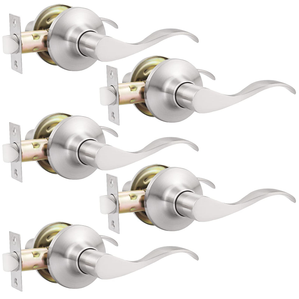GOBEKOR 5-pack brushed nickel passage lever for hallways and closets.