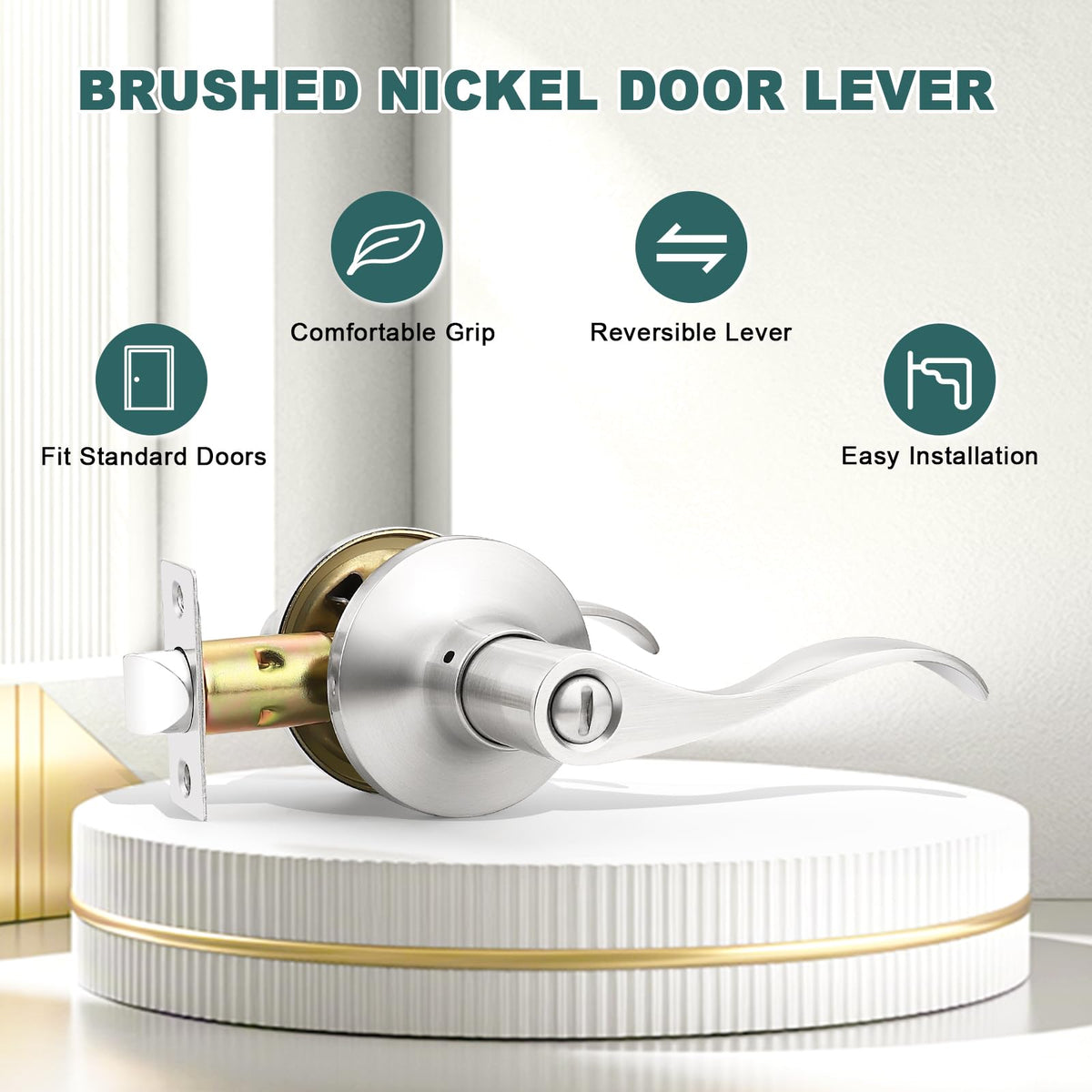 GOBEKOR privacy door lever side view showing brushed nickel construction and grip