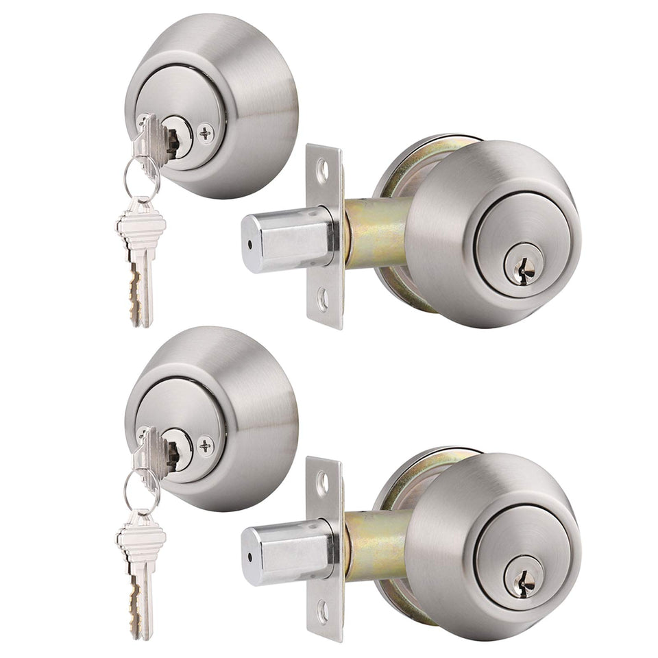 Gobrico keyed-alike double cylinder deadbolt front view in satin nickel for exterior security.